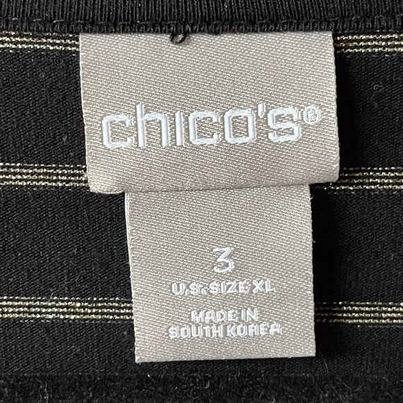 CHICO'S Gold Metallic Pinstripe on Black Comfy Long Sleeve Round Neck Te… - Picture 5 of 7